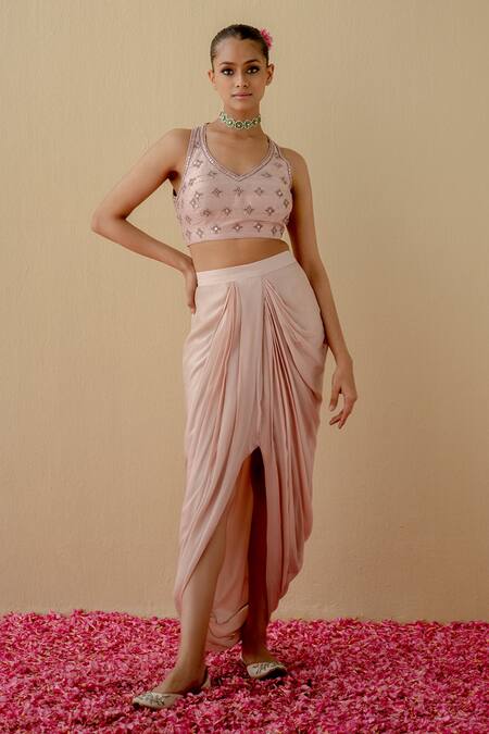 Mint Blush_Gold Silk, Organza, Chiffon Sequins Embroidered Cape Draped Dhoti Skirt Set _Online_at_Aza_Fashions