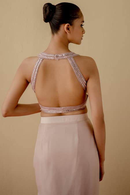 Buy_Mint Blush_Gold Silk, Organza, Chiffon Sequins Embroidered Cape Draped Dhoti Skirt Set _Online_at_Aza_Fashions