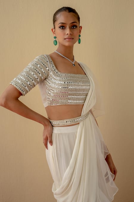 Mint Blush_Ivory Organza, Chiffon, Ruffled And Pre-stitched Saree With Embroidered Blouse _Online_at_Aza_Fashions