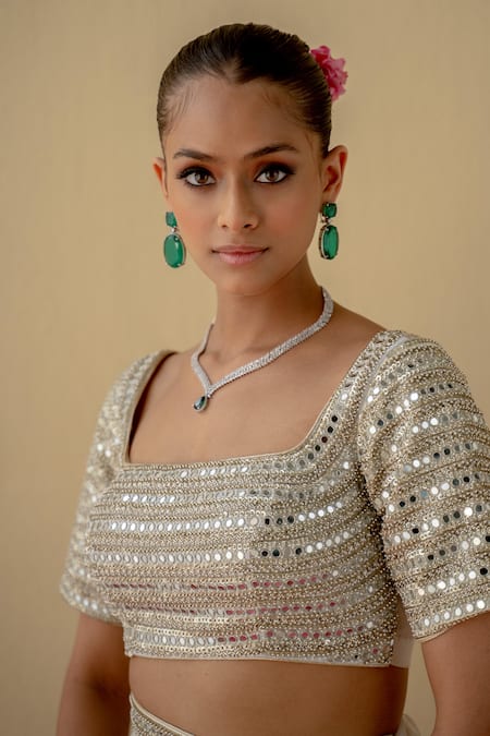 Buy_Mint Blush_Ivory Organza, Chiffon, Ruffled And Pre-stitched Saree With Embroidered Blouse _Online_at_Aza_Fashions