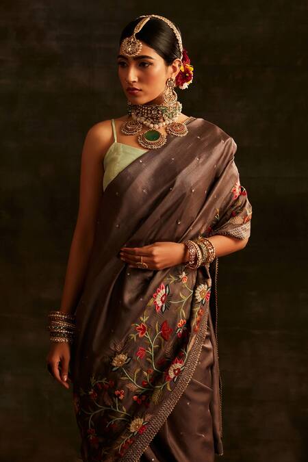 Buy Paaprika Grey Tussar Embroidery Silk Floret Saree Online at Aza Fashions Buy_Paaprika_Grey Tussar Embroidery Silk Floret Saree_Online_at_Aza_Fashions