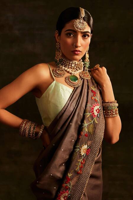 Shop Paaprika Grey Tussar Embroidery Silk Floret Saree Online at Aza Fashions Shop_Paaprika_Grey Tussar Embroidery Silk Floret Saree_Online_at_Aza_Fashions