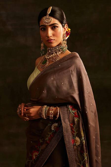 Paaprika Grey Tussar Embroidery Silk Floret Saree at Aza Fashions Paaprika_Grey Tussar Embroidery Silk Floret Saree_at_Aza_Fashions