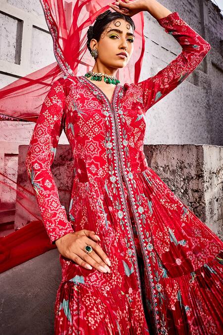 Awigna_Fuchsia Crepe, Mehvish Floral Print Jacket Anarkali With Pleated Lehenga Set_Online_at_Aza_Fashions