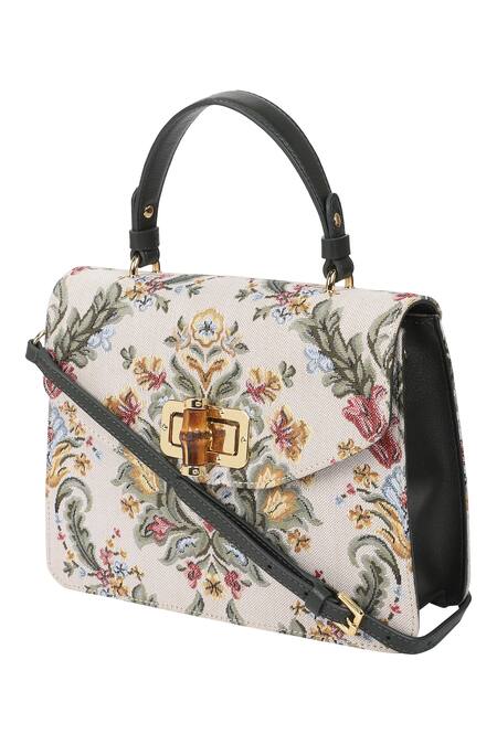The Leather Garden_Beige Floral Pattern Jacquard Handbag With Bamboo Lock _Online_at_Aza_Fashions