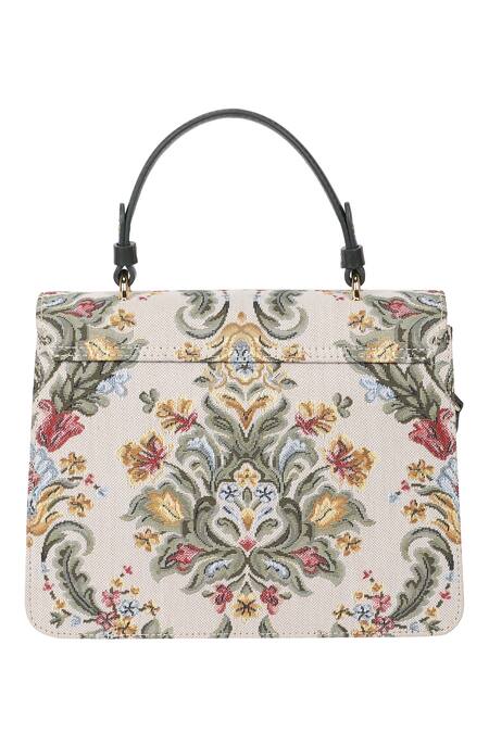 Buy_The Leather Garden_Beige Floral Pattern Jacquard Handbag With Bamboo Lock _Online_at_Aza_Fashions