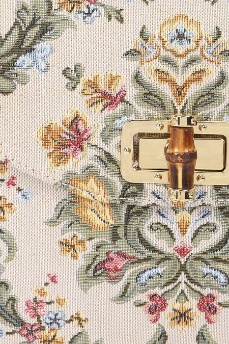 The Leather Garden_Beige Floral Pattern Jacquard Handbag With Bamboo Lock _at_Aza_Fashions