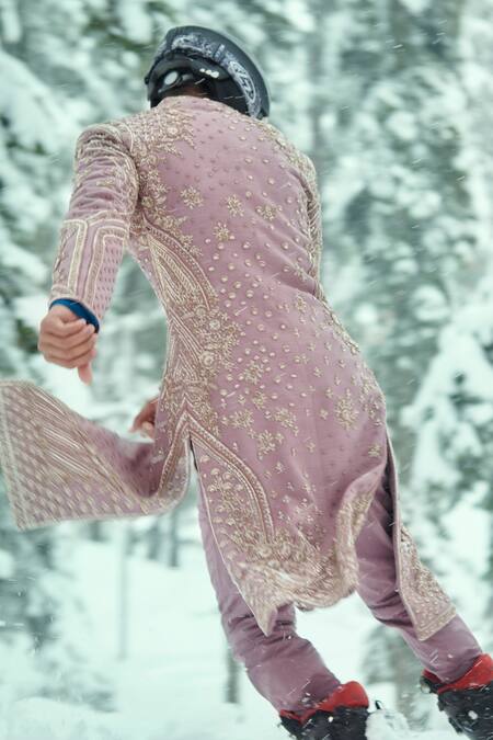 Sahil Kochhar_Purple Silk Embroidery Hashir Sherwani And Trouser Set _Online_at_Aza_Fashions
