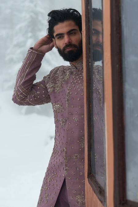 Buy_Sahil Kochhar_Purple Silk Embroidery Hashir Sherwani And Trouser Set _Online_at_Aza_Fashions