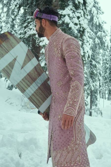 Shop_Sahil Kochhar_Purple Silk Embroidery Hashir Sherwani And Trouser Set _Online_at_Aza_Fashions