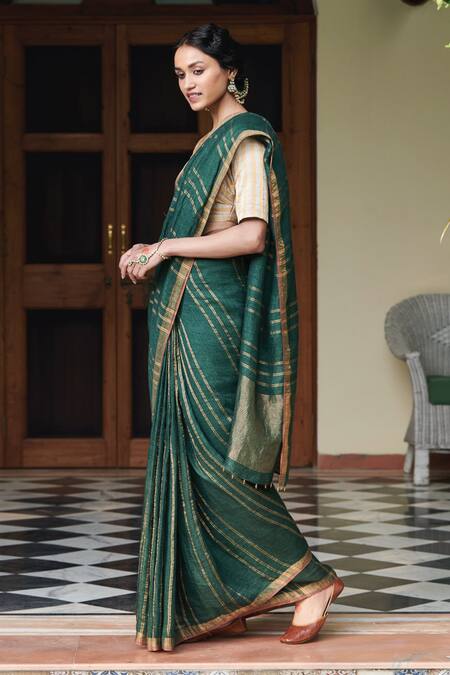 Dressfolk_Green Linen Zari, Beads Henna Woven Stripe Saree With Running Blouse_Online_at_Aza_Fashions