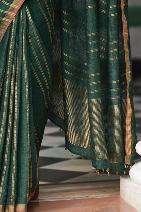 Buy_Dressfolk_Green Linen Zari, Beads Henna Woven Stripe Saree With Running Blouse_Online_at_Aza_Fashions