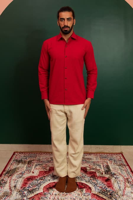 Artless_Red Cotton Textured Hibiscus Shirt_Online_at_Aza_Fashions