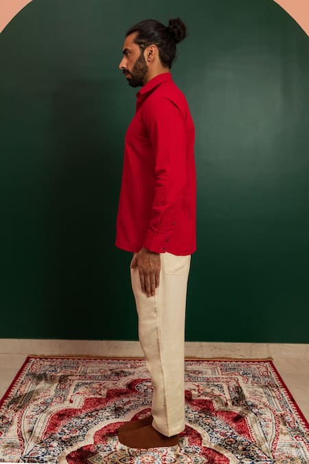 Buy_Artless_Red Cotton Textured Hibiscus Shirt_Online_at_Aza_Fashions