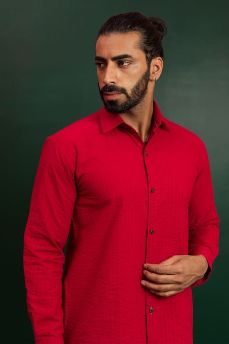 Shop_Artless_Red Cotton Textured Hibiscus Shirt_Online_at_Aza_Fashions