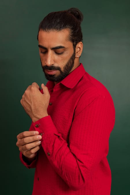 Artless_Red Cotton Textured Hibiscus Shirt_at_Aza_Fashions