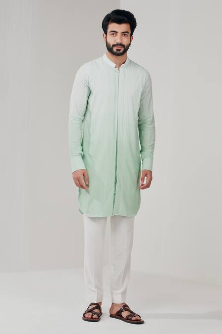 Shop_Shreyansh Designs_Blue Cotton Silk Mandarin Collar Kurta _Online_at_Aza_Fashions