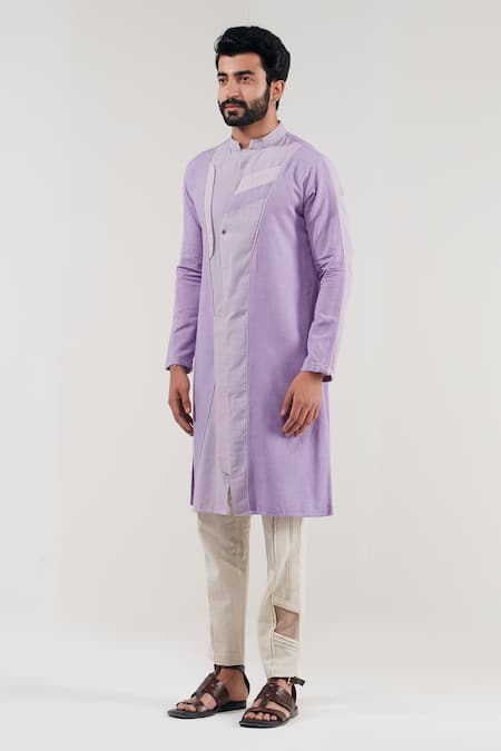 Buy_Shreyansh Designs_Purple Cotton Linen Color Block Pattern Kurta _Online_at_Aza_Fashions
