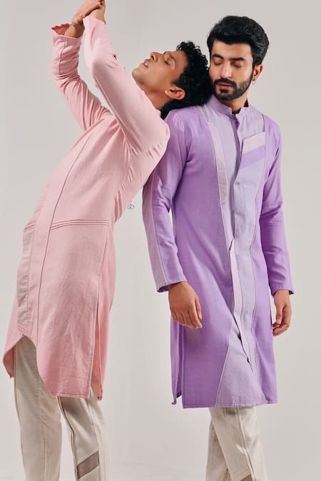 Shop_Shreyansh Designs_Purple Cotton Linen Color Block Pattern Kurta _Online_at_Aza_Fashions