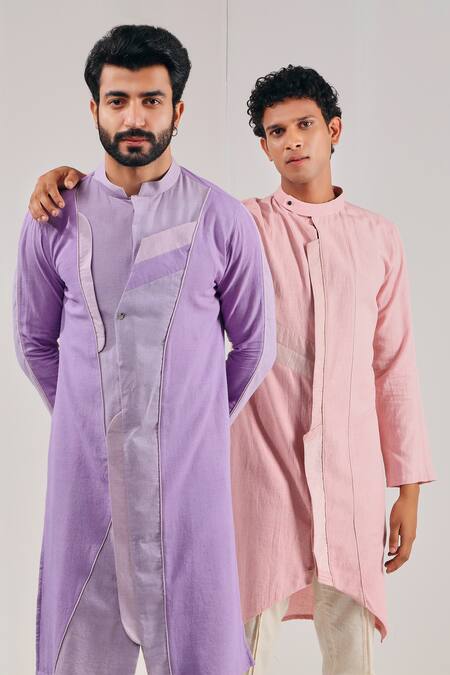 Shreyansh Designs_Pink Cotton Linen Asymmetric Kurta _Online_at_Aza_Fashions