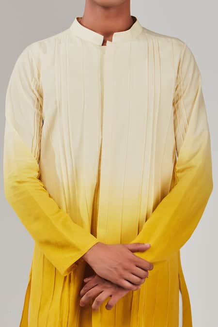 Shreyansh Designs_Yellow Cotton Silk Pintuck Pattern Ombre Kurta _Online_at_Aza_Fashions