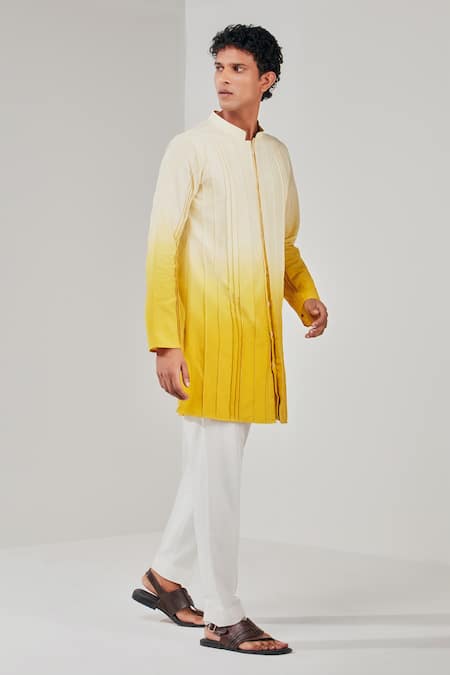 Buy_Shreyansh Designs_Yellow Cotton Silk Pintuck Pattern Ombre Kurta _Online_at_Aza_Fashions