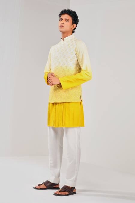 Shreyansh Designs Yellow Dupion Silk Embroidered Floral Mandarin Collar Bundi Online at Aza Fashions Shreyansh Designs_Yellow Dupion Silk Embroidered Floral Mandarin Collar Bundi _Online_at_Aza_Fashions
