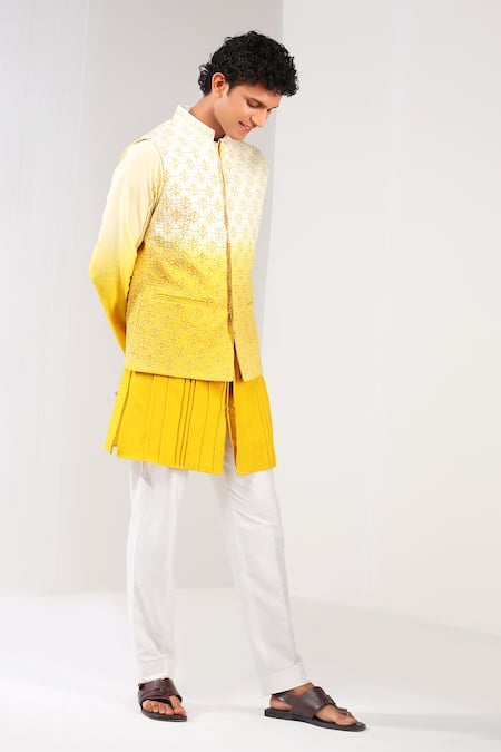 Buy Shreyansh Designs Yellow Dupion Silk Embroidered Floral Mandarin Collar Bundi Online at Aza Fashions Buy_Shreyansh Designs_Yellow Dupion Silk Embroidered Floral Mandarin Collar Bundi _Online_at_Aza_Fashions