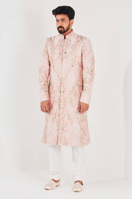 Shreyansh Designs_Pink Dupion Silk Floral Flowr Embroidered Sherwani _Online_at_Aza_Fashions