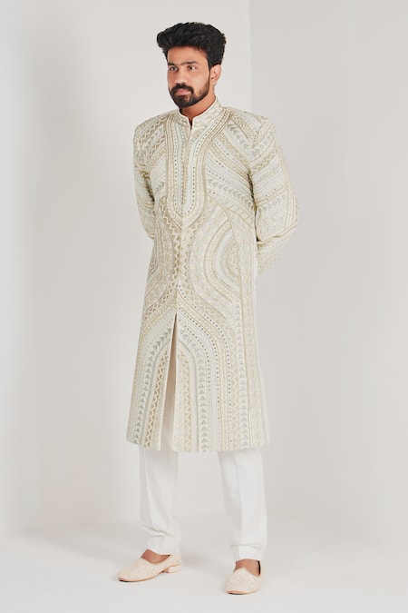 Shreyansh Designs_Ivory Dupion Silk Floral Cutdana And Pearl Embellished Sherwani _Online_at_Aza_Fashions