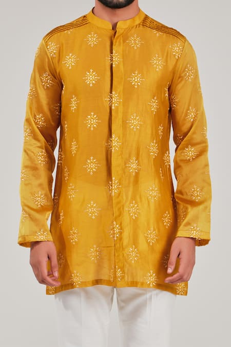 Buy_Shreyansh Designs_Yellow Cotton Silk Embroidery Motif Kurta _Online_at_Aza_Fashions