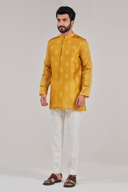 Shop_Shreyansh Designs_Yellow Cotton Silk Embroidery Motif Kurta _Online_at_Aza_Fashions