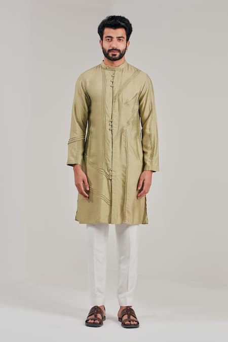 Shreyansh Designs_Green Cotton Silk Mandarin Collar Straight Kurta _Online_at_Aza_Fashions