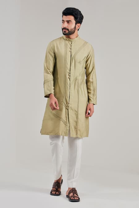 Buy_Shreyansh Designs_Green Cotton Silk Mandarin Collar Straight Kurta _Online_at_Aza_Fashions