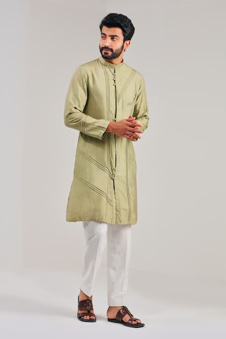Shop_Shreyansh Designs_Green Cotton Silk Mandarin Collar Straight Kurta _Online_at_Aza_Fashions