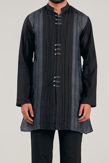 Shreyansh Designs_Black Cotton Silk Color Blocked Kurta _Online_at_Aza_Fashions