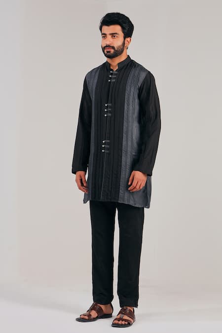 Buy_Shreyansh Designs_Black Cotton Silk Color Blocked Kurta _Online_at_Aza_Fashions