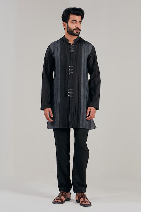 Shop_Shreyansh Designs_Black Cotton Silk Color Blocked Kurta _Online_at_Aza_Fashions