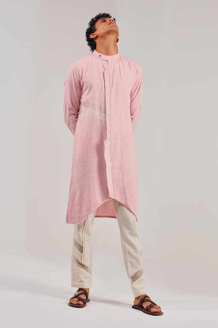 Shreyansh Designs_Pink Cotton Linen Asymmetric Kurta _at_Aza_Fashions