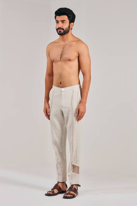 Shreyansh Designs_White Cotton Linen Panelled Straight Pant _Online_at_Aza_Fashions