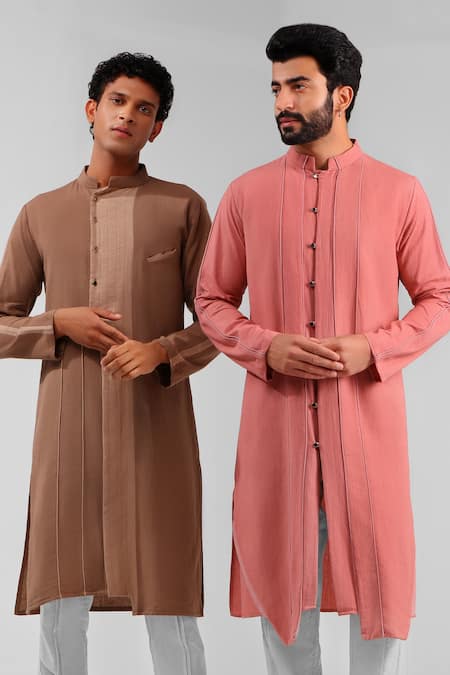 Shreyansh Designs_Brown Cotton Linen Color Block Kurta _at_Aza_Fashions