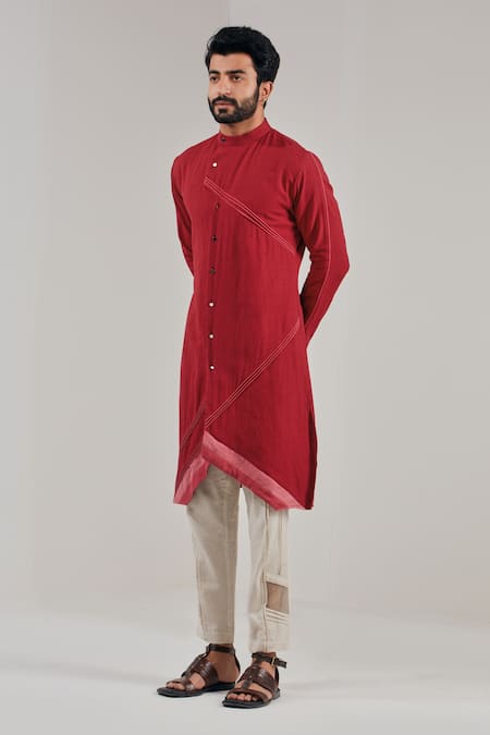 Buy_Shreyansh Designs_Red Cotton Linen Round Mandarin Collar Kurta _Online_at_Aza_Fashions
