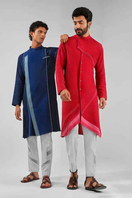 Shreyansh Designs_Blue Cotton Linen Extended Lapel Kurta _Online_at_Aza_Fashions