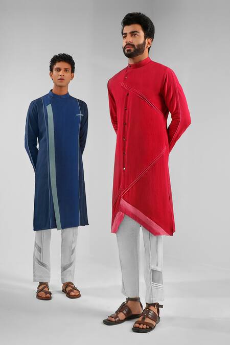 Shop_Shreyansh Designs_Red Cotton Linen Round Mandarin Collar Kurta _Online_at_Aza_Fashions