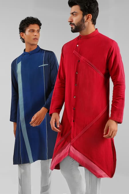 Shreyansh Designs_Red Cotton Linen Round Mandarin Collar Kurta _at_Aza_Fashions