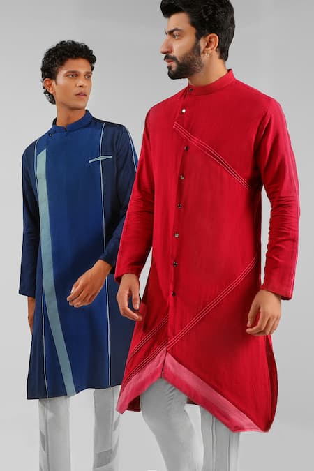 Buy_Shreyansh Designs_Blue Cotton Linen Extended Lapel Kurta _Online_at_Aza_Fashions