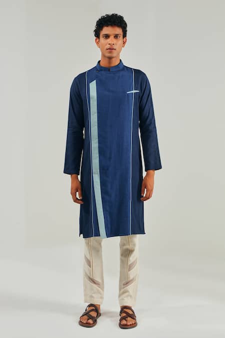 Shop_Shreyansh Designs_Blue Cotton Linen Extended Lapel Kurta _Online_at_Aza_Fashions
