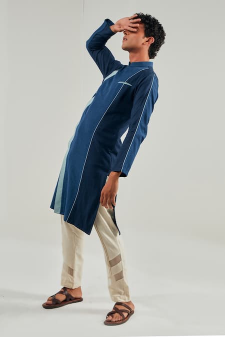 Shreyansh Designs_Blue Cotton Linen Extended Lapel Kurta _at_Aza_Fashions