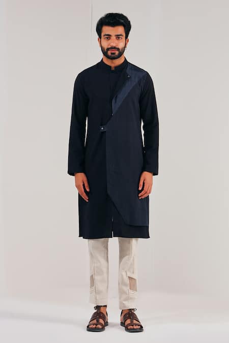 Shreyansh Designs_Black Cotton Linen Asymmetric Kurta _Online_at_Aza_Fashions