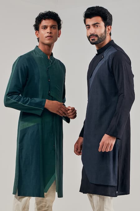 Shop_Shreyansh Designs_Black Cotton Linen Asymmetric Kurta _Online_at_Aza_Fashions